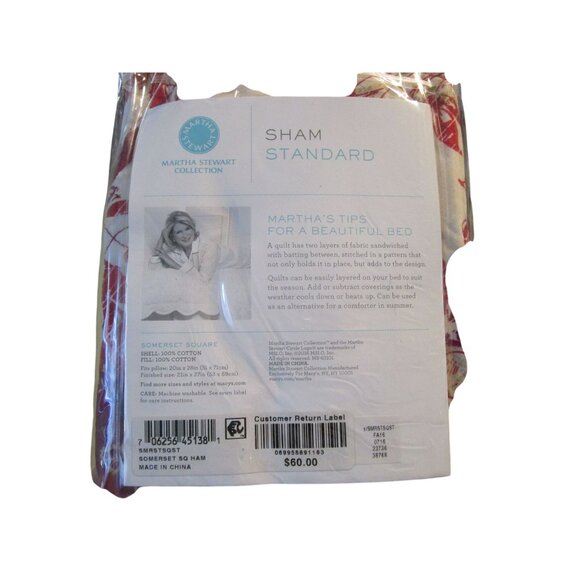 Vintage Martha Stewart Somerset Square Standard Sham Quilted Cotton Red White NI - Picture 4 of 10